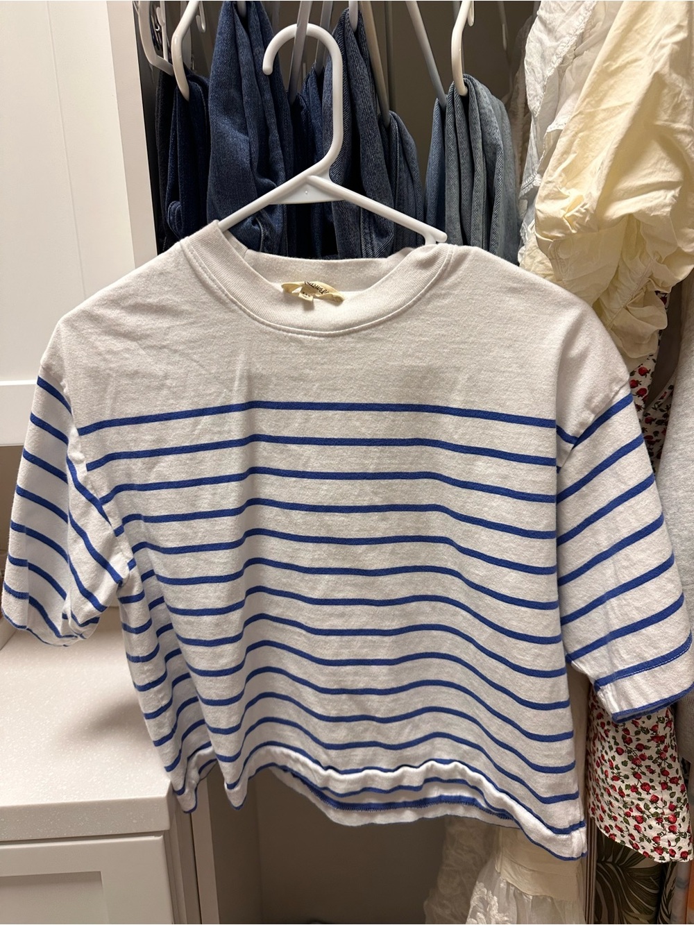 Madewell White & Blue Stripe Short Sleeve Top
